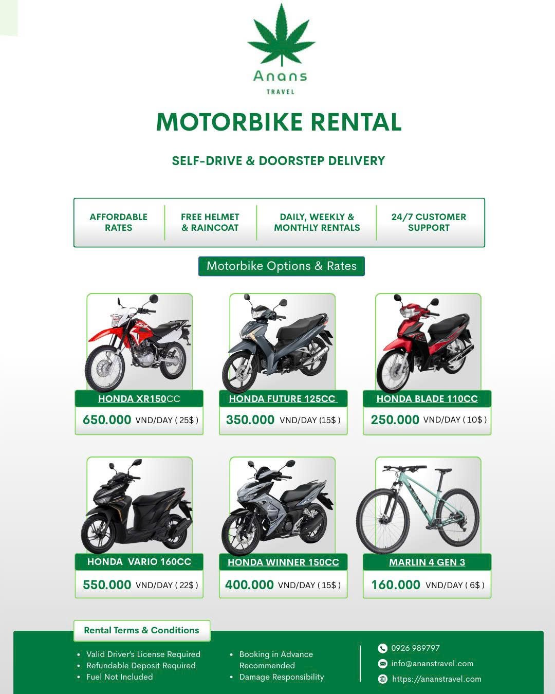 Motorbike rental price list at Anans Travel