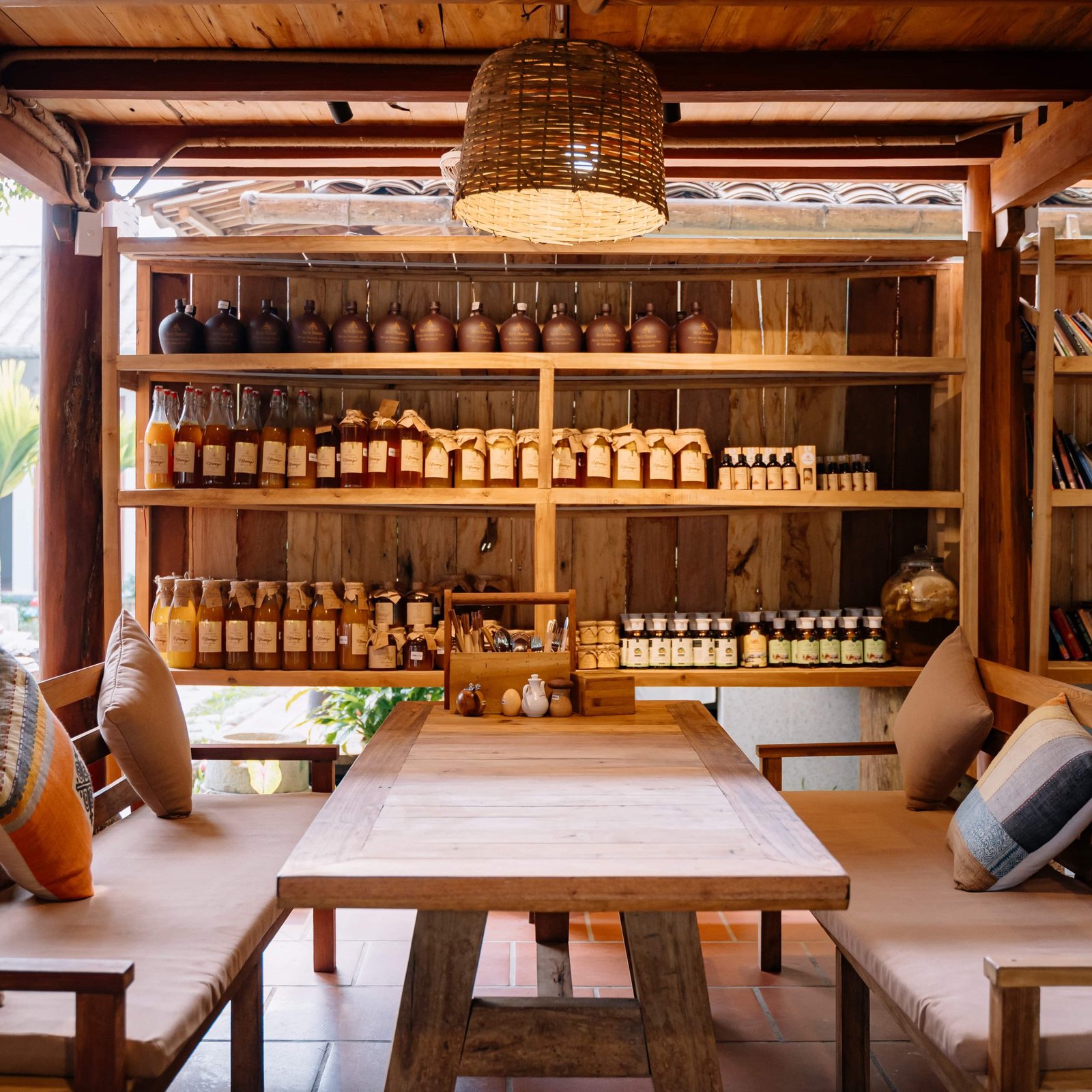 Bottles on the stone wall behind the bar