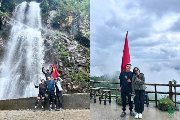 Ha Giang Loop tour – travelers at waterfall and mountain viewpoint